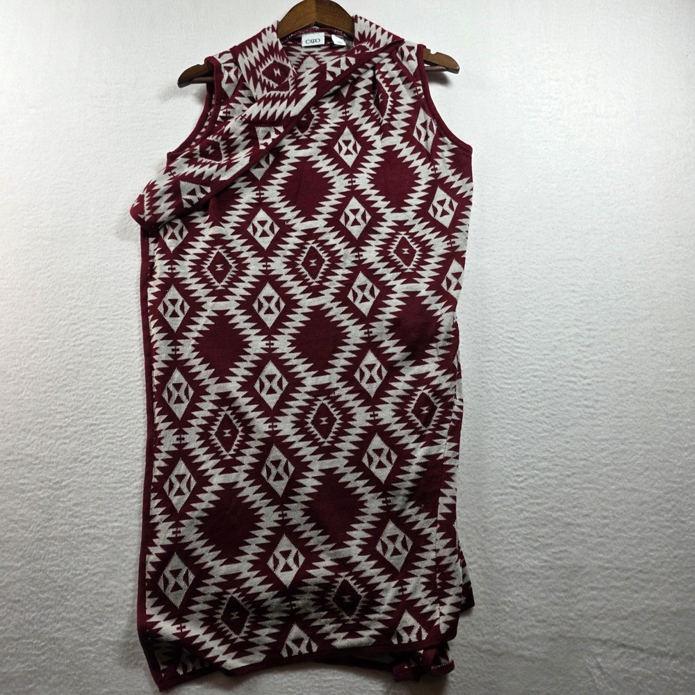 Cato Womens XL Burgundy Geometric Southwestern Sleeveless Longline Cardigan Vest